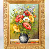 Painting, bouquet of flowers, oil on canvas, old gilded stucco frame