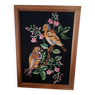 Cadre canevas vintage tapisserie oiseaux et fleurs