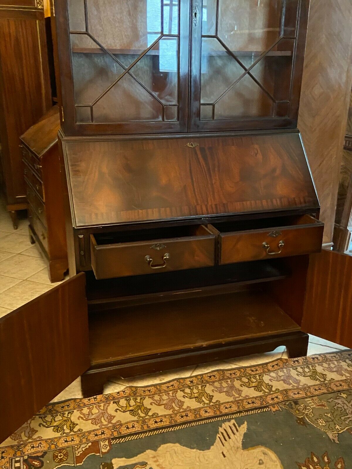English Scriban two body secretary office showcase library in mahogany