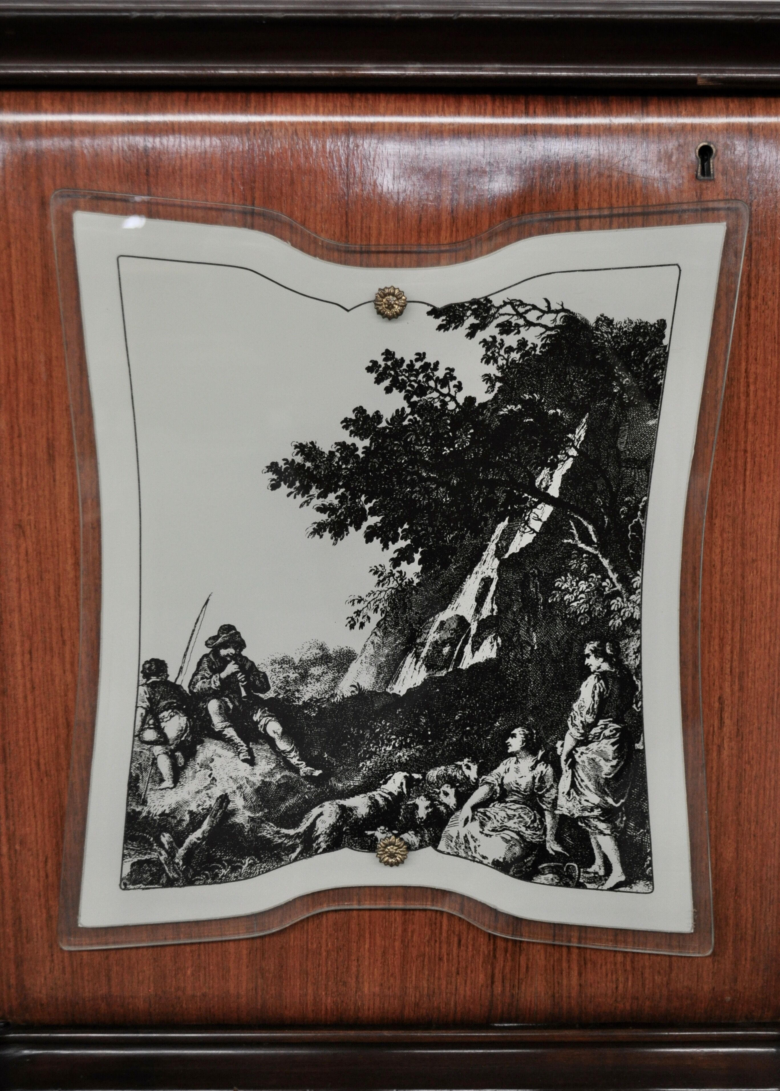 Mahogany, Pearwood, Brass & Marbled Back-Lacquered Glass Top Sideboard with Mirror from F.lli Rigamo