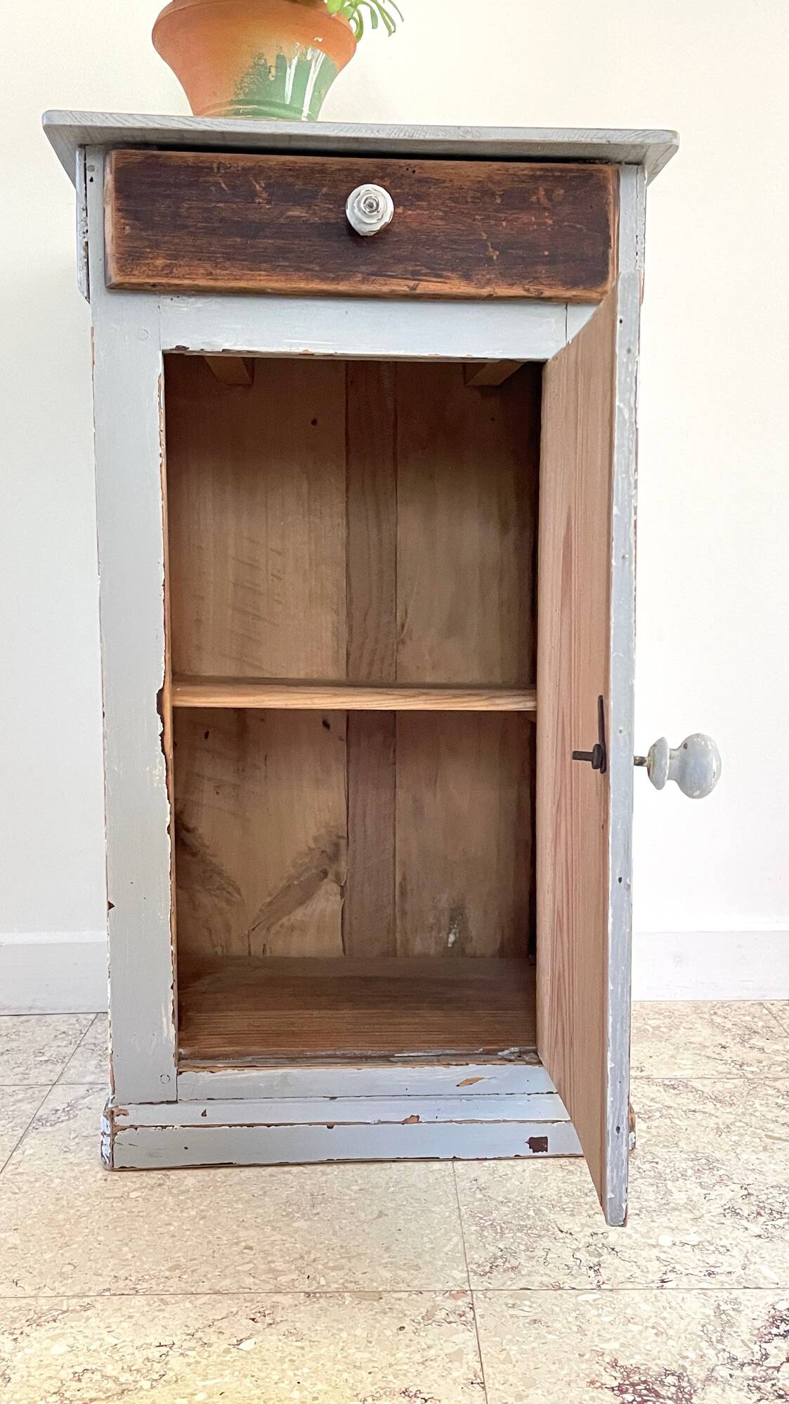 Antique Bedside Table in Weathered Grey Wood