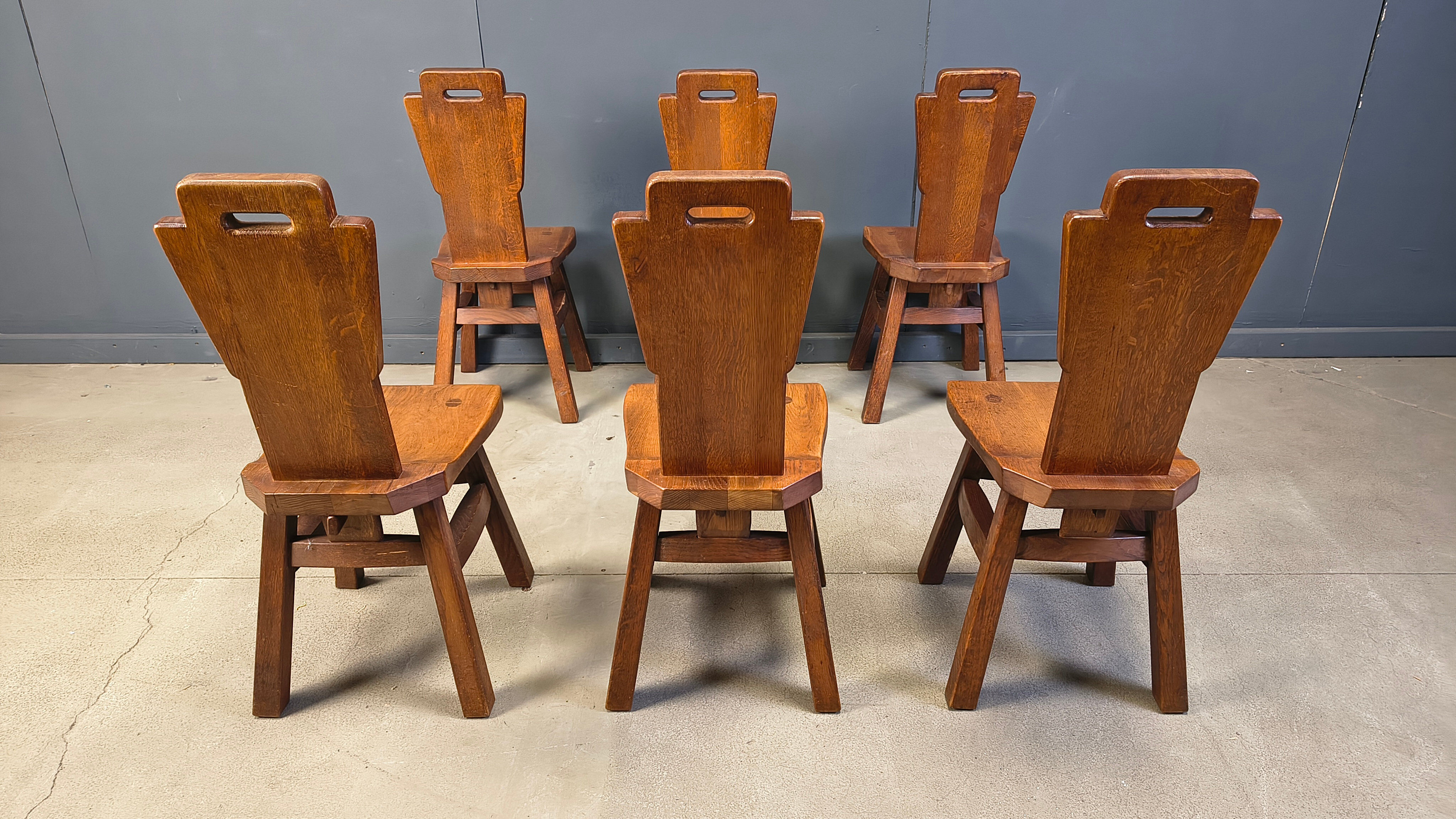 Vintage oak brutalist chairs, 1970s set of 6