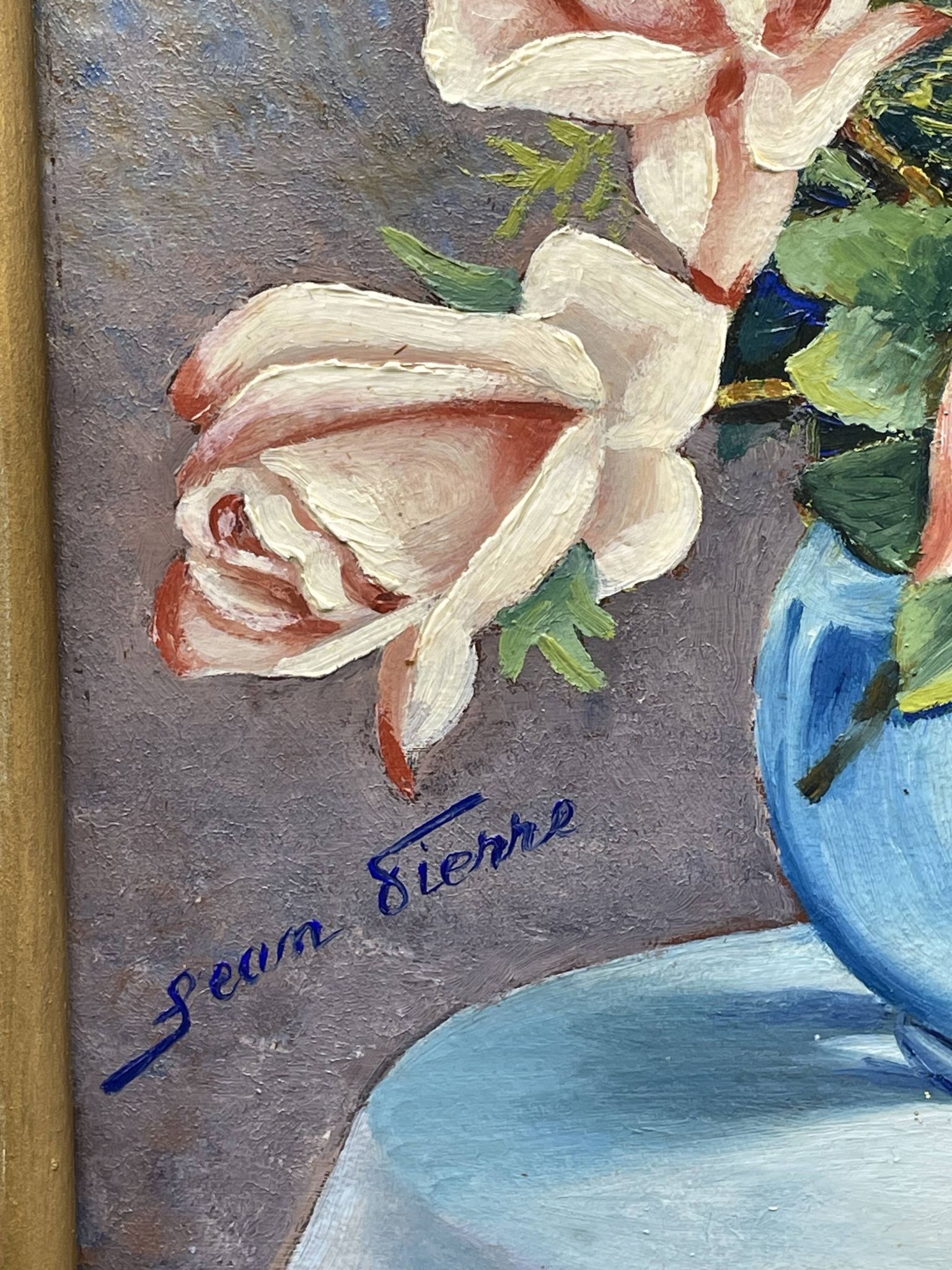 Still life with roses – Signed oil, blue vase, vintage gold frame
