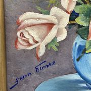 Still life with roses – Signed oil, blue vase, vintage gold frame