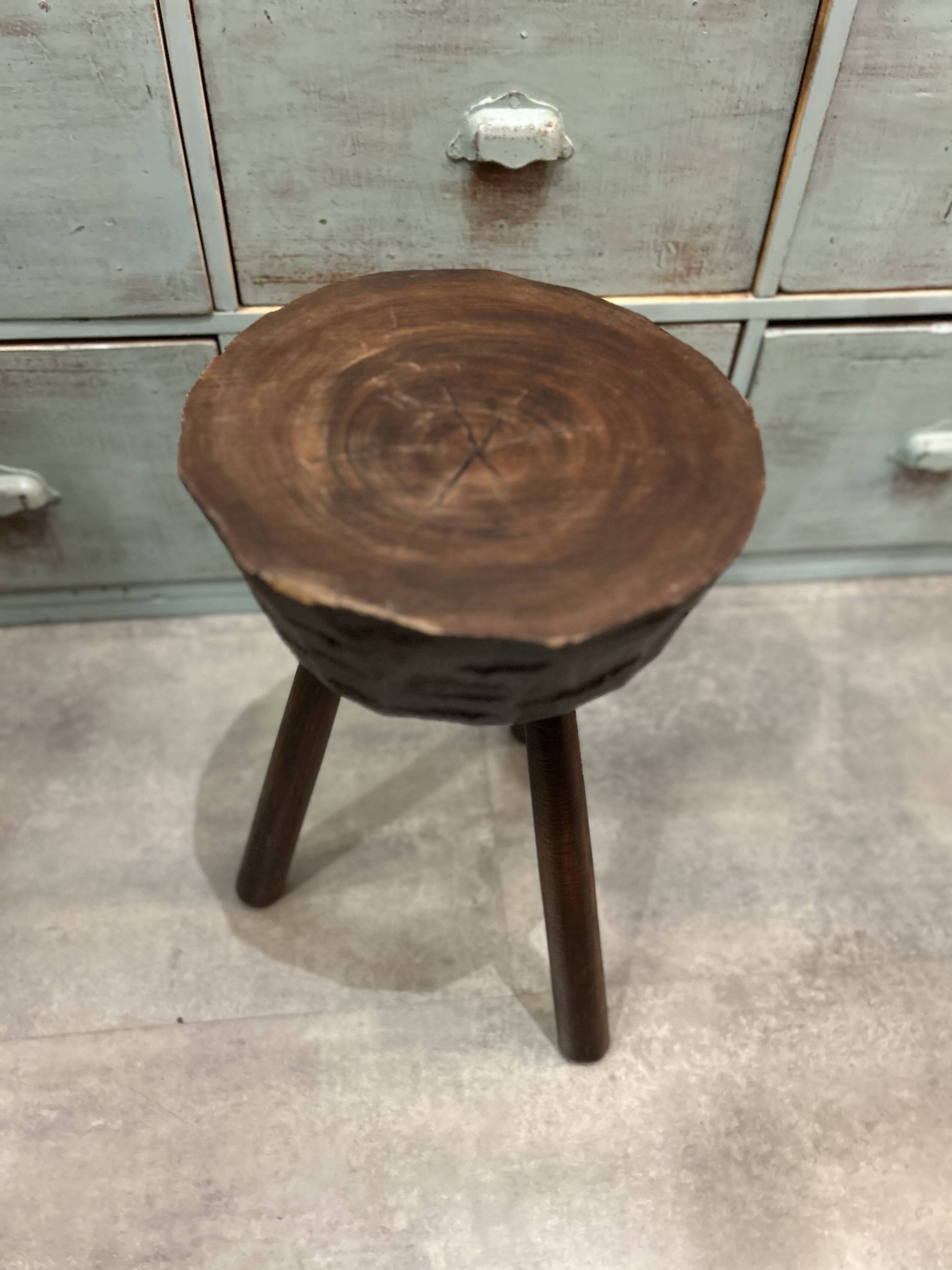 Brutalist tripod stool in solid wood