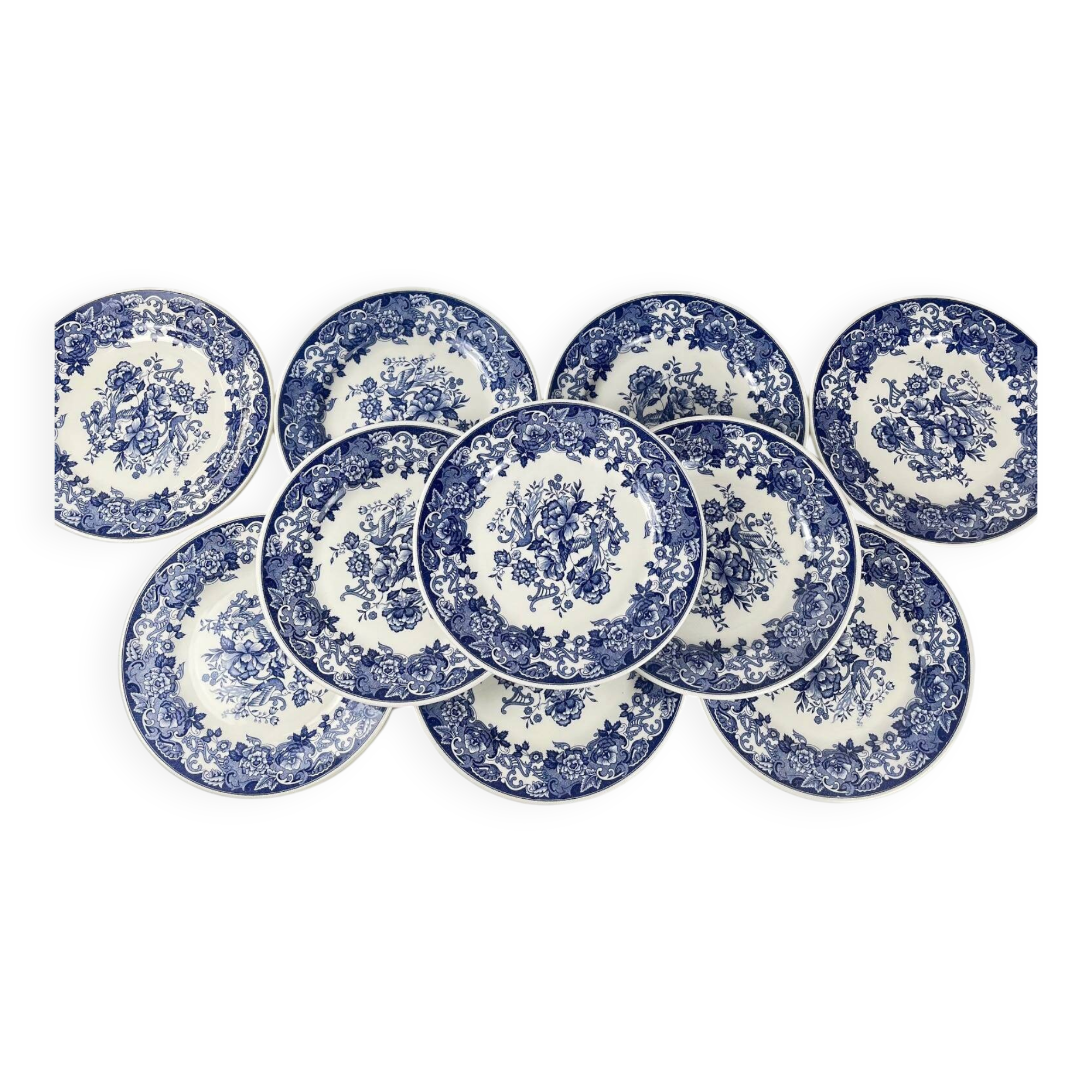 Set of 10 blue earthenware dessert plates with floral and bird decoration