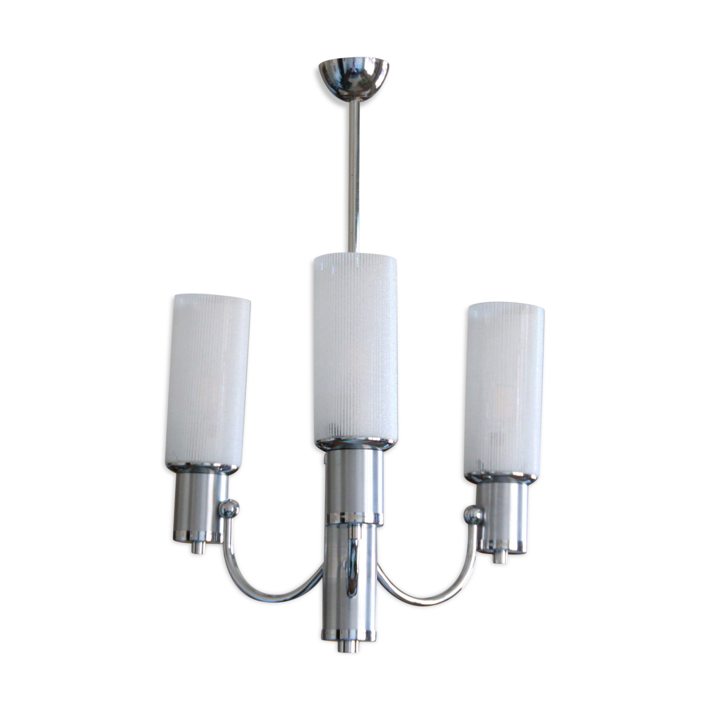 Chandelier in aluminum and chrome metal tulip white striated glass 1970 seventies