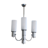 Chandelier in aluminum and chrome metal tulip white striated glass 1970 seventies