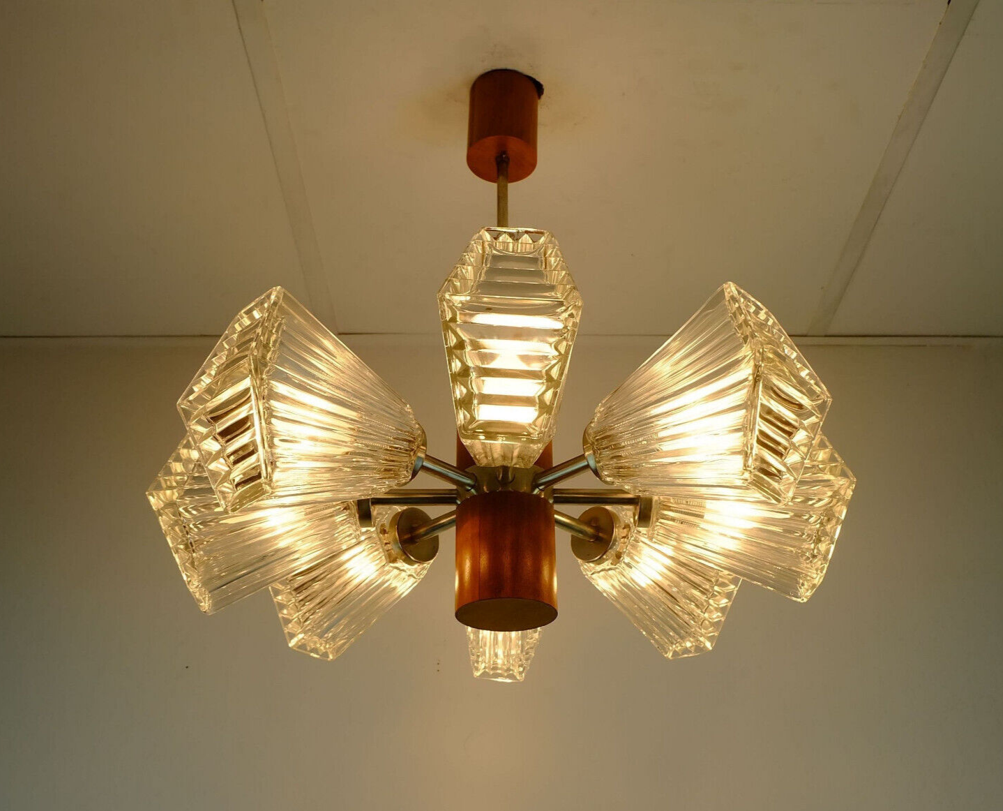 1960s temde 8-light pendant lamp sputnik chandelier teak glass metal