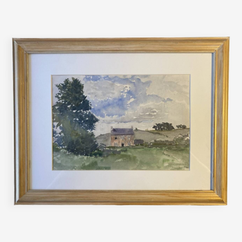 Tableau ancien, fermette à la campagne monogrammée ML, milieu XX siècle