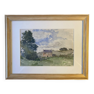 Tableau ancien, fermette à la campagne monogrammée ML, milieu XX siècle