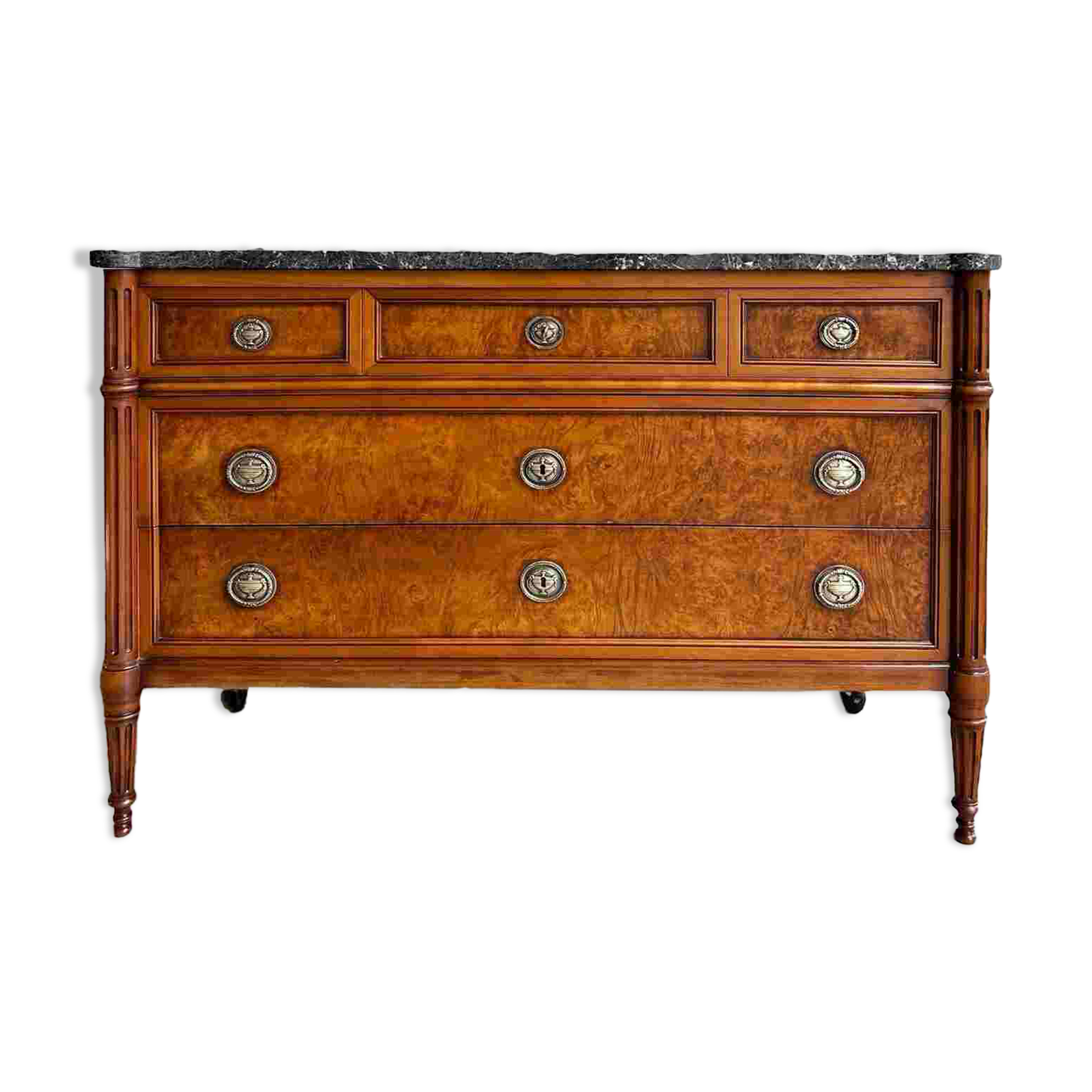 Louis XVI style chest of drawers in elm burl