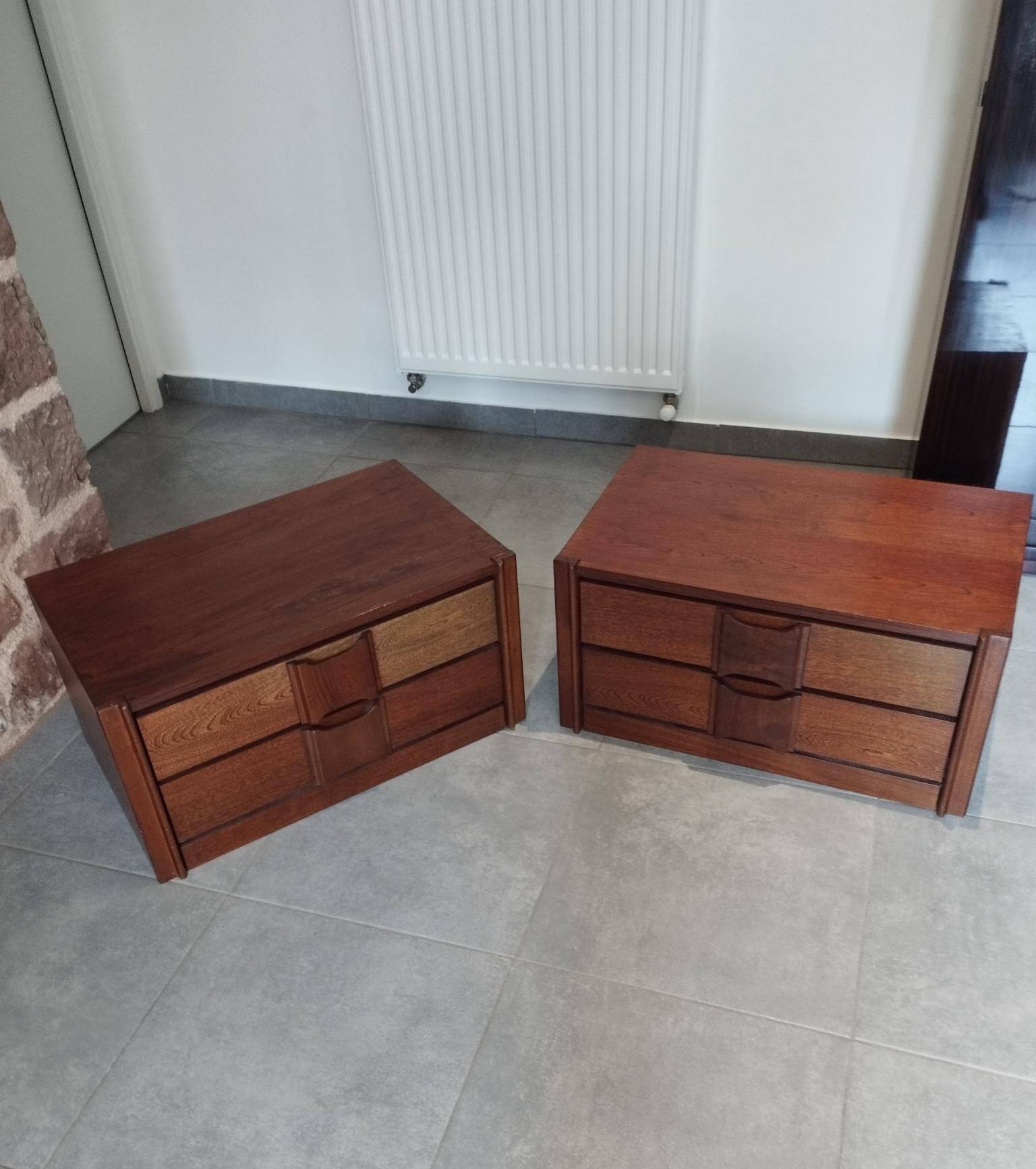 Pair of vintage Scandinavian design modules, bedside table, chest of drawers, sideboard, table.
