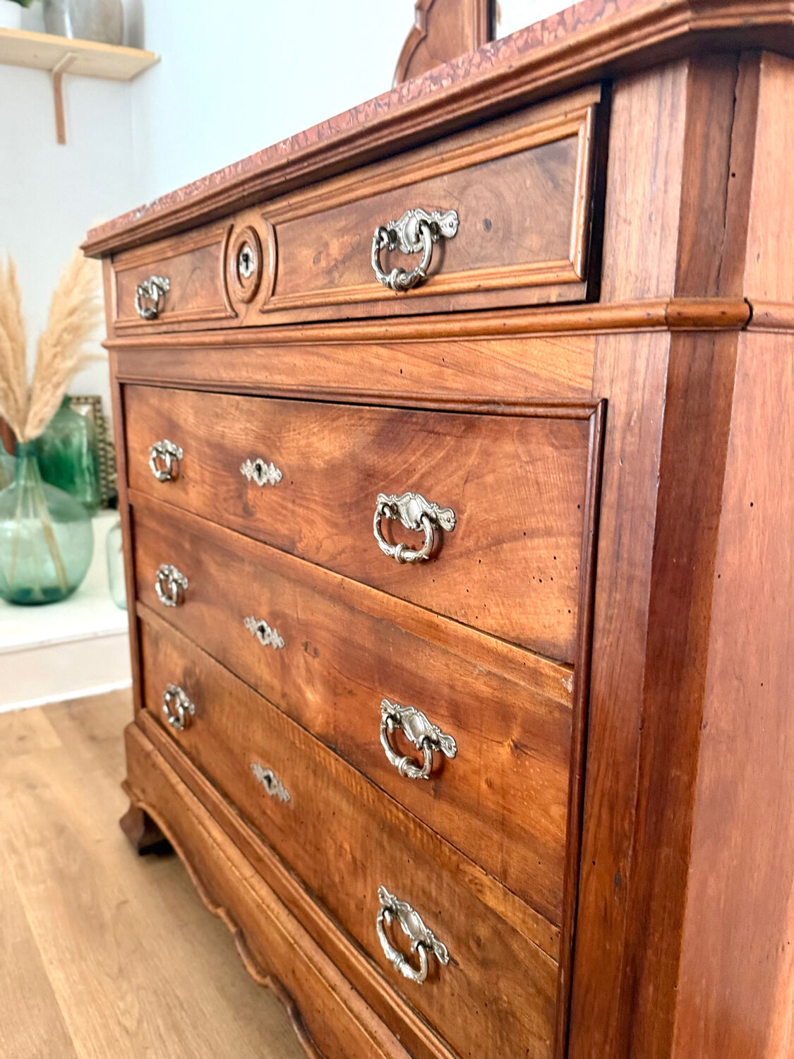 Louis-Philippe walnut commode with marble top and pediment mirror –