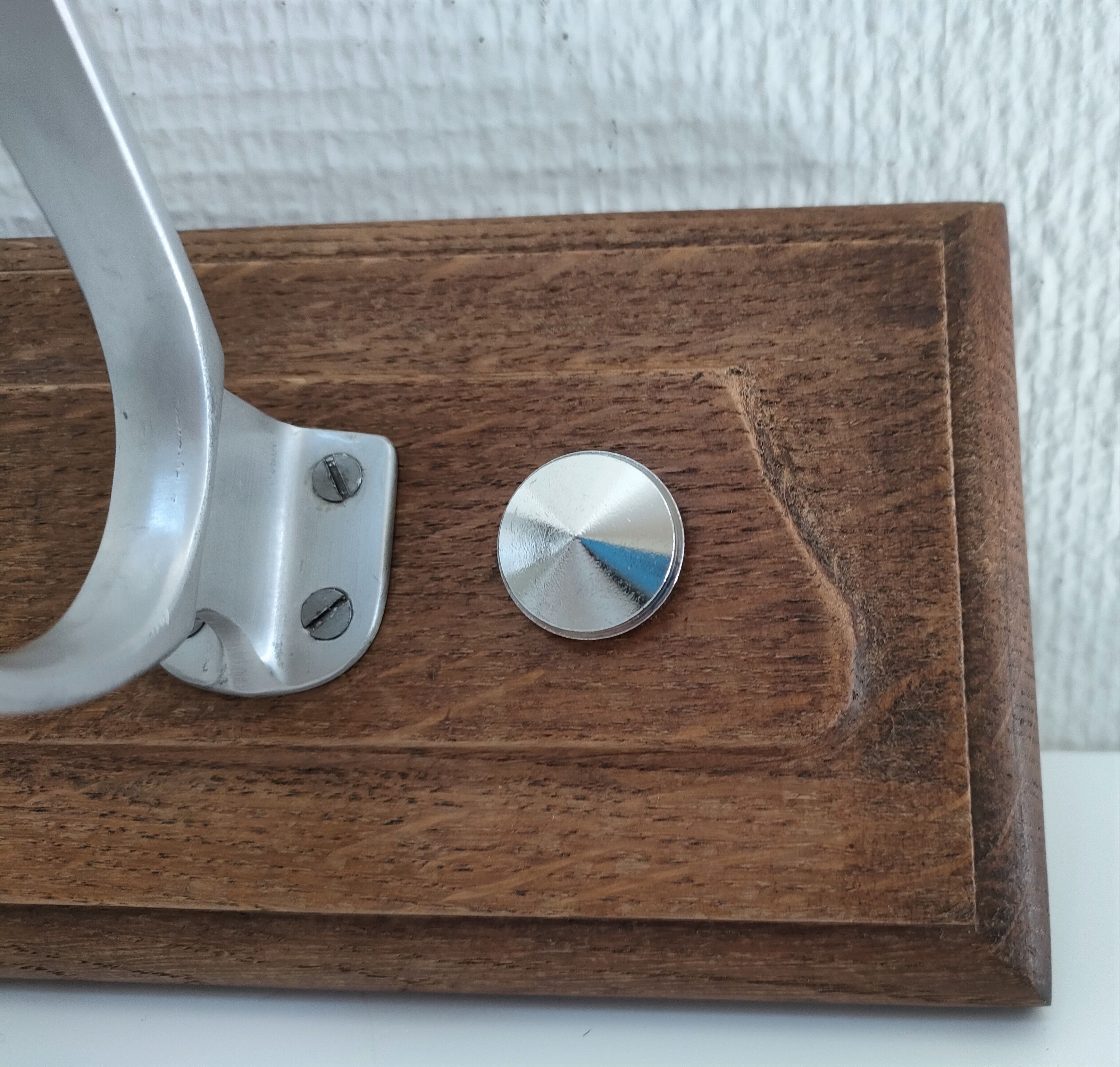 Patinated solid oak coat rack and vintage aluminum hooks