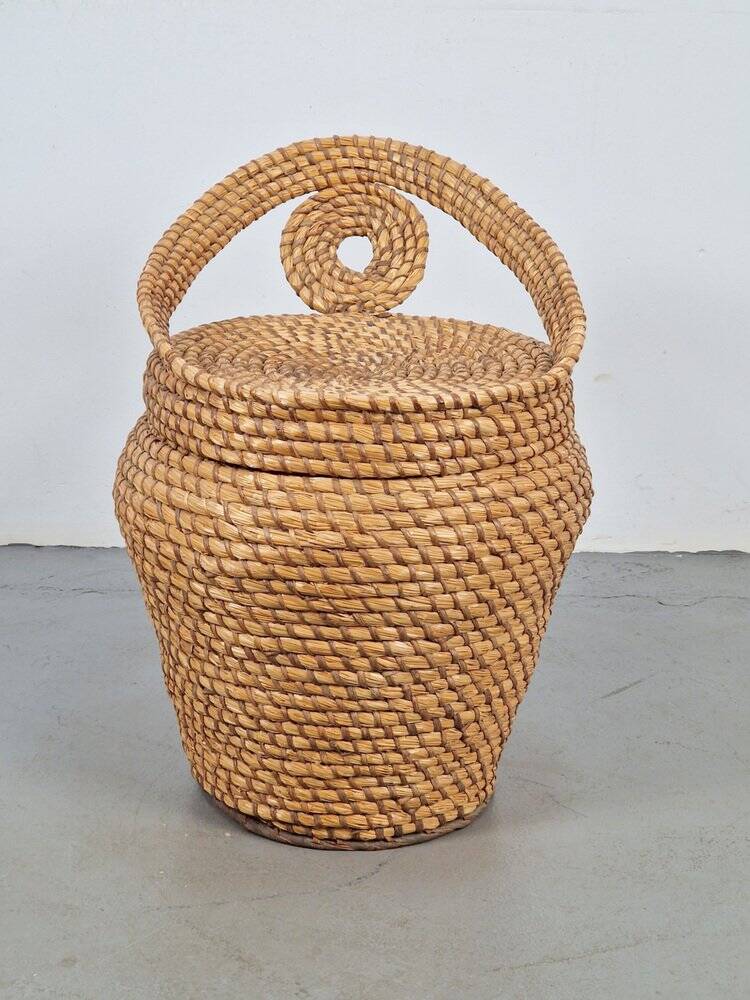 Vintage Straw and Wicker Stool with Storage Basket, 1960s