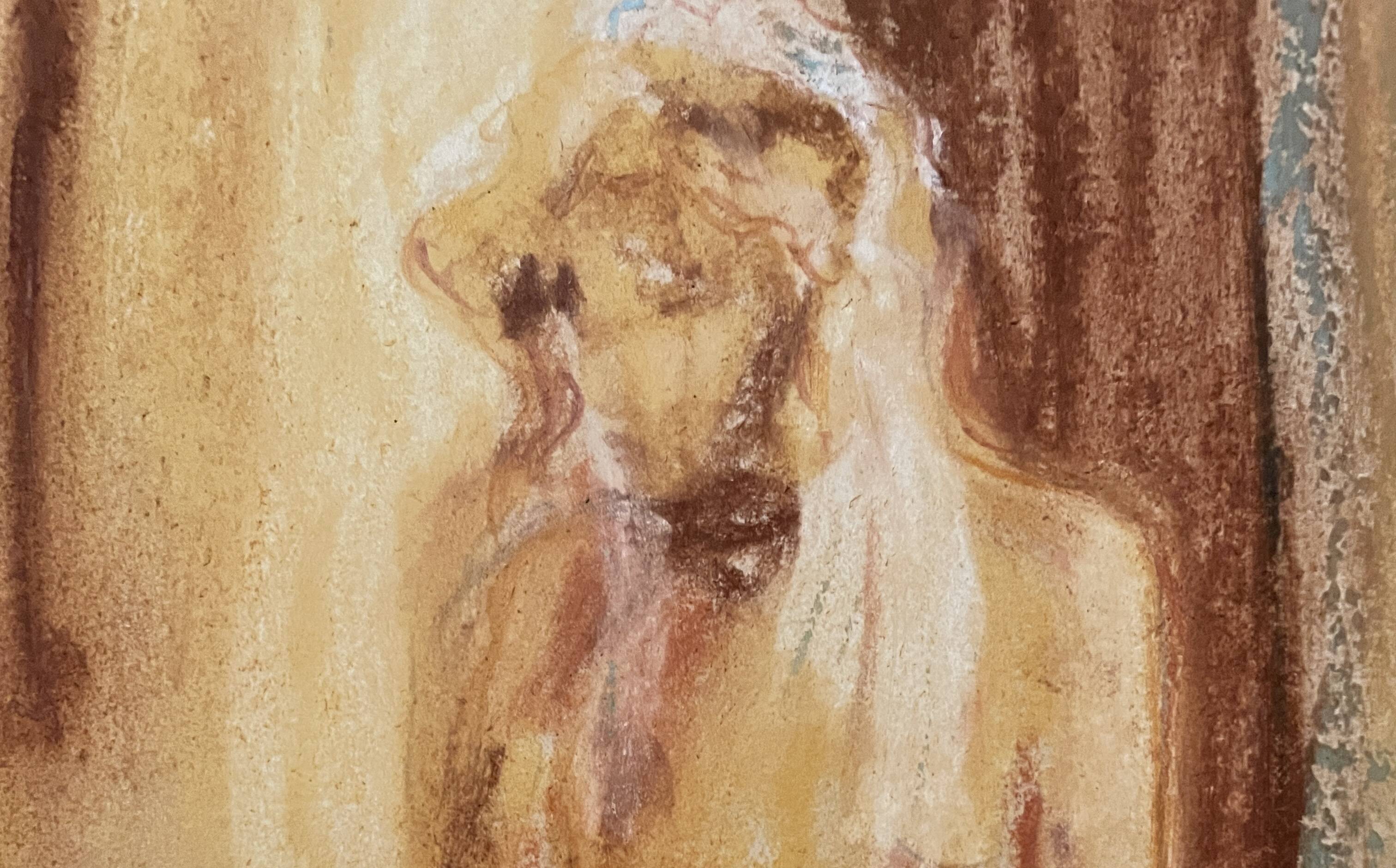 Signed pastel painting "The Bath" featuring a female portrait.