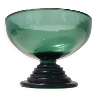 Centre de table/bol en verre vert soufflé à la main, fabriqué à Empoli, Italie