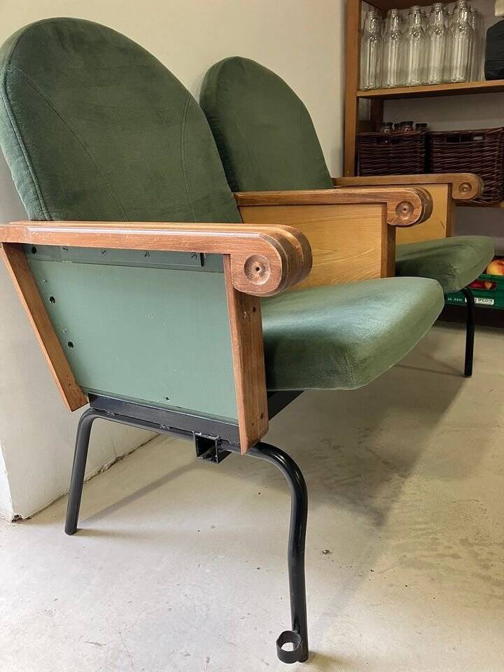 Forest green cinema double seat in oak and metal - 2 places, 1970s vintage design