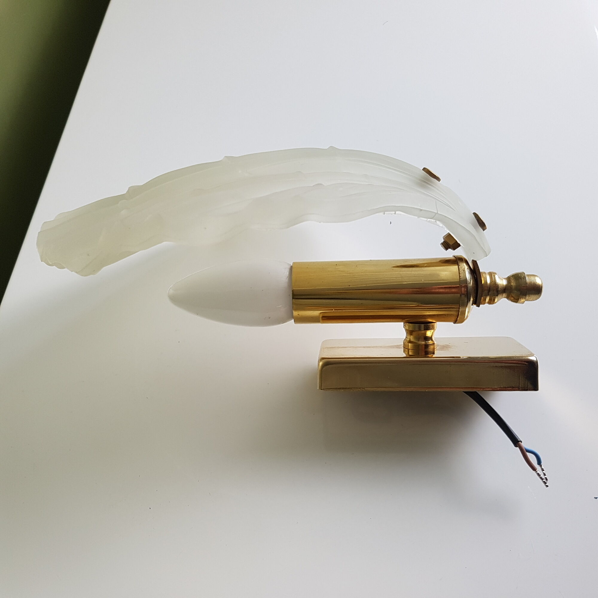 Pair of shell appliques in squeezed pressed glass and golden steel 1970