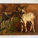 Portrait on the farm goats in the meadow 19th oil on canvas