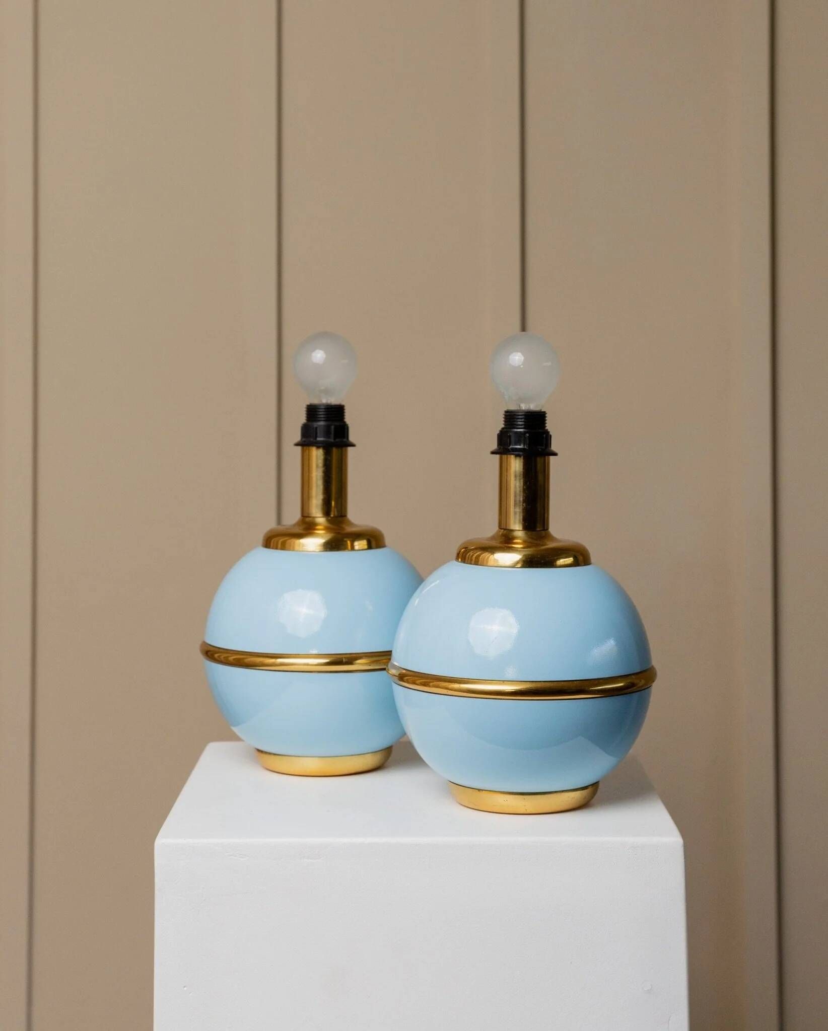 Set of 2 Light-Blue Ceramic Table Lamps with Gold Trim Italy 1980s Hollywood Regency Style