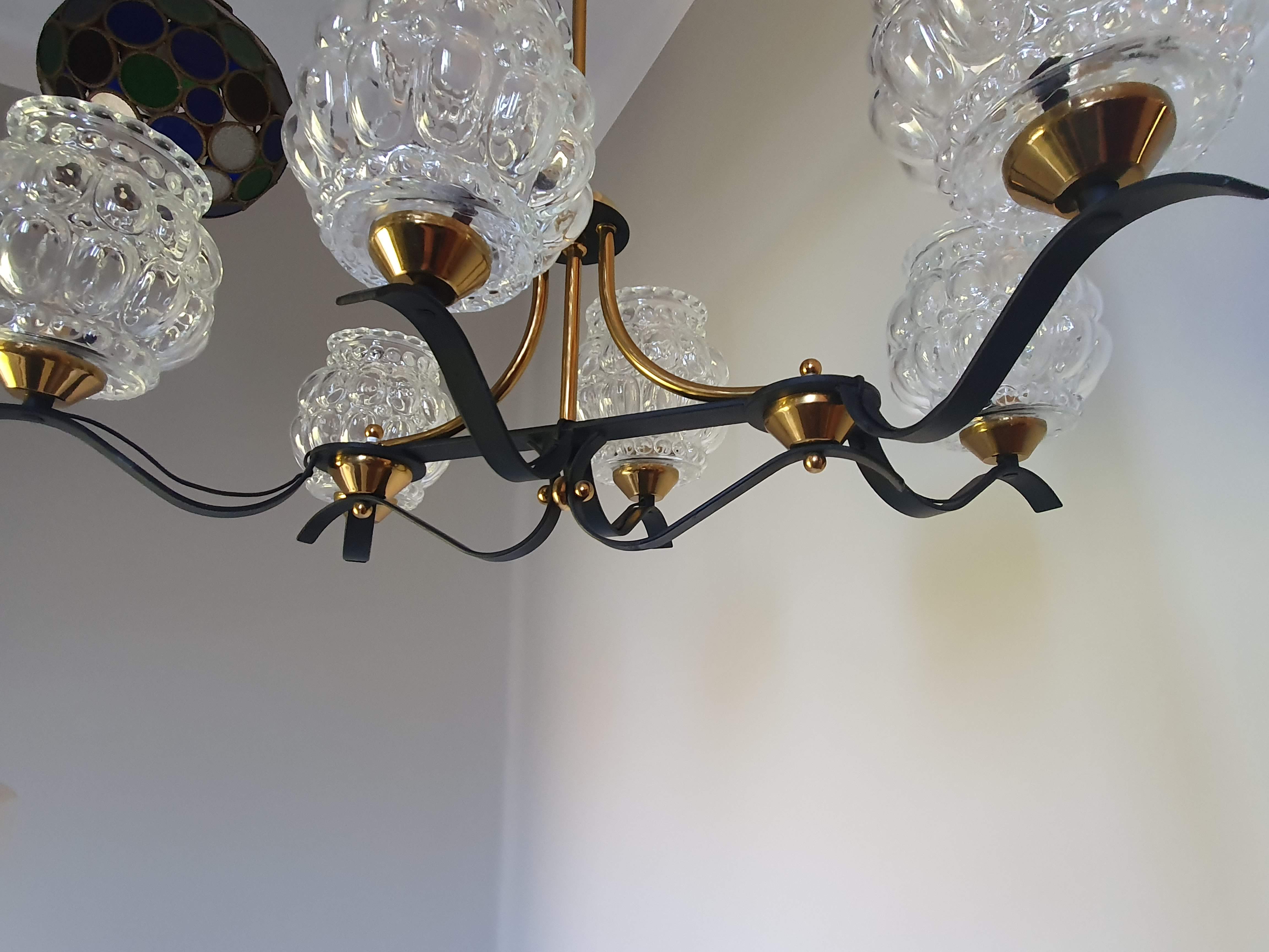 Suspension 50s/60s Arlus in brass and glass