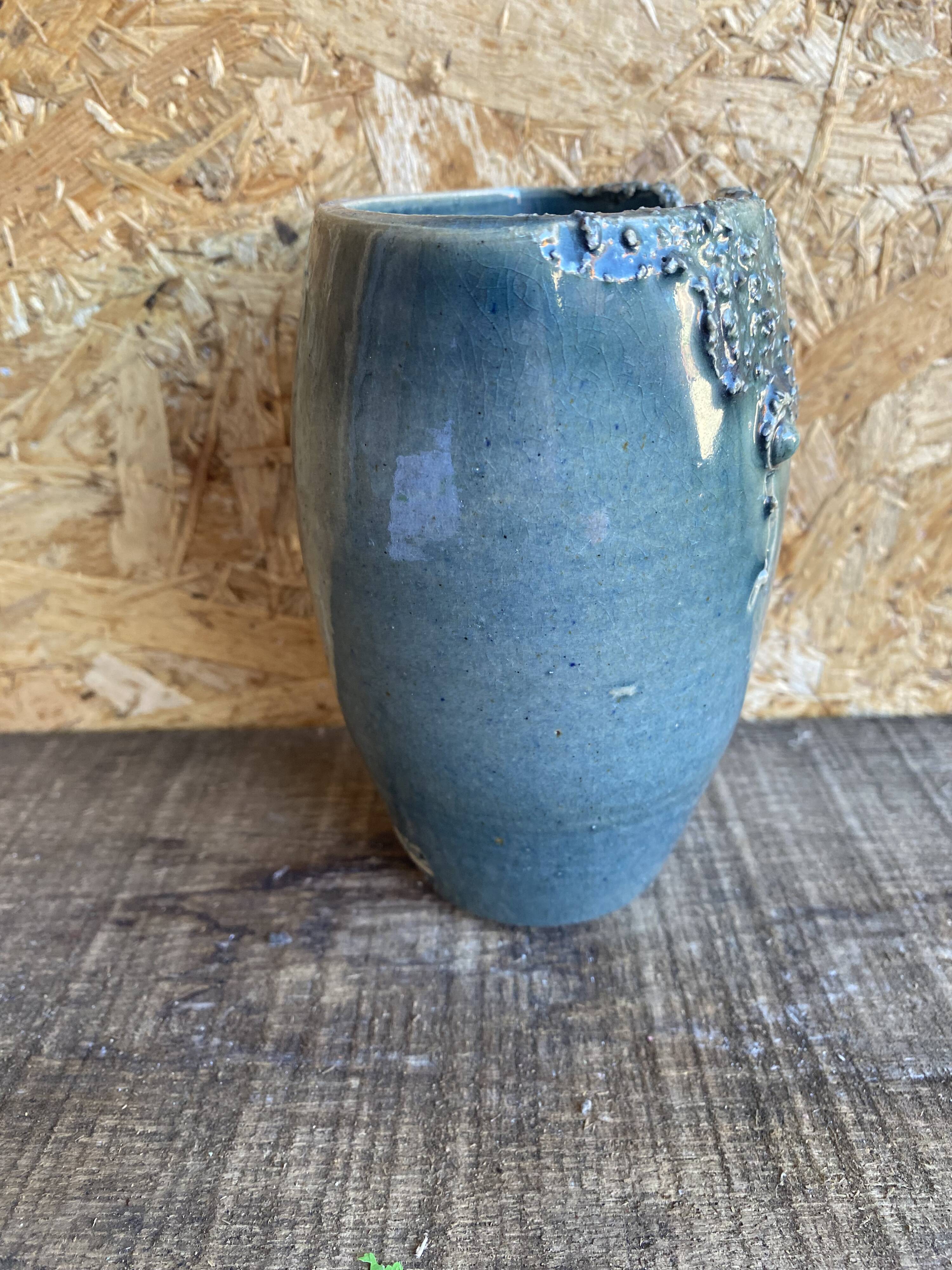 Ancient Vase JACKY COVILLE Glazed Stoneware Blue Vintage #D987