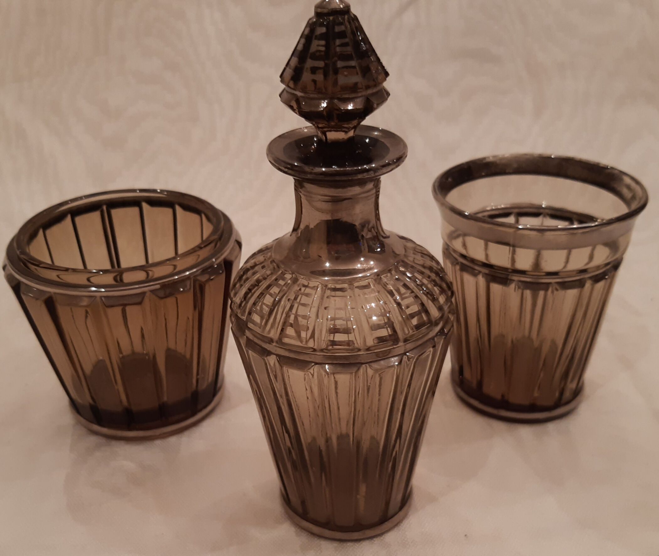 Carafe, glass and pot Portieux in smoked glass and silver art deco