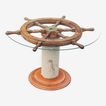 Coffee table boat wheel ropes glass tray