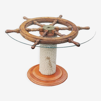 Table basse roue de bateau cordes plateau verre