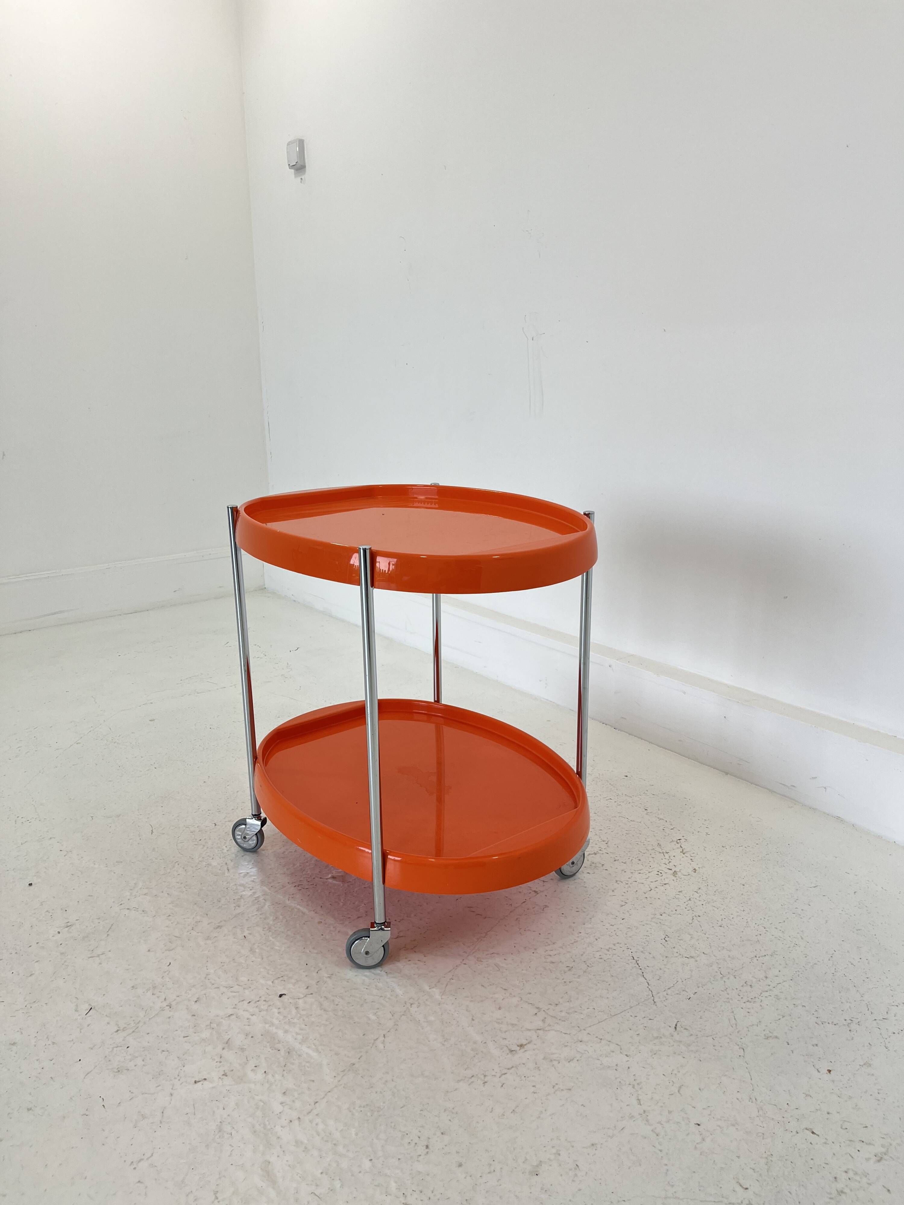 Space Age Chrome Serving Trolley with Orange Plastic Trays, 1970s