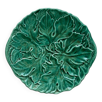 Round barbotine dish decorated with green leaves, Digoin vintage