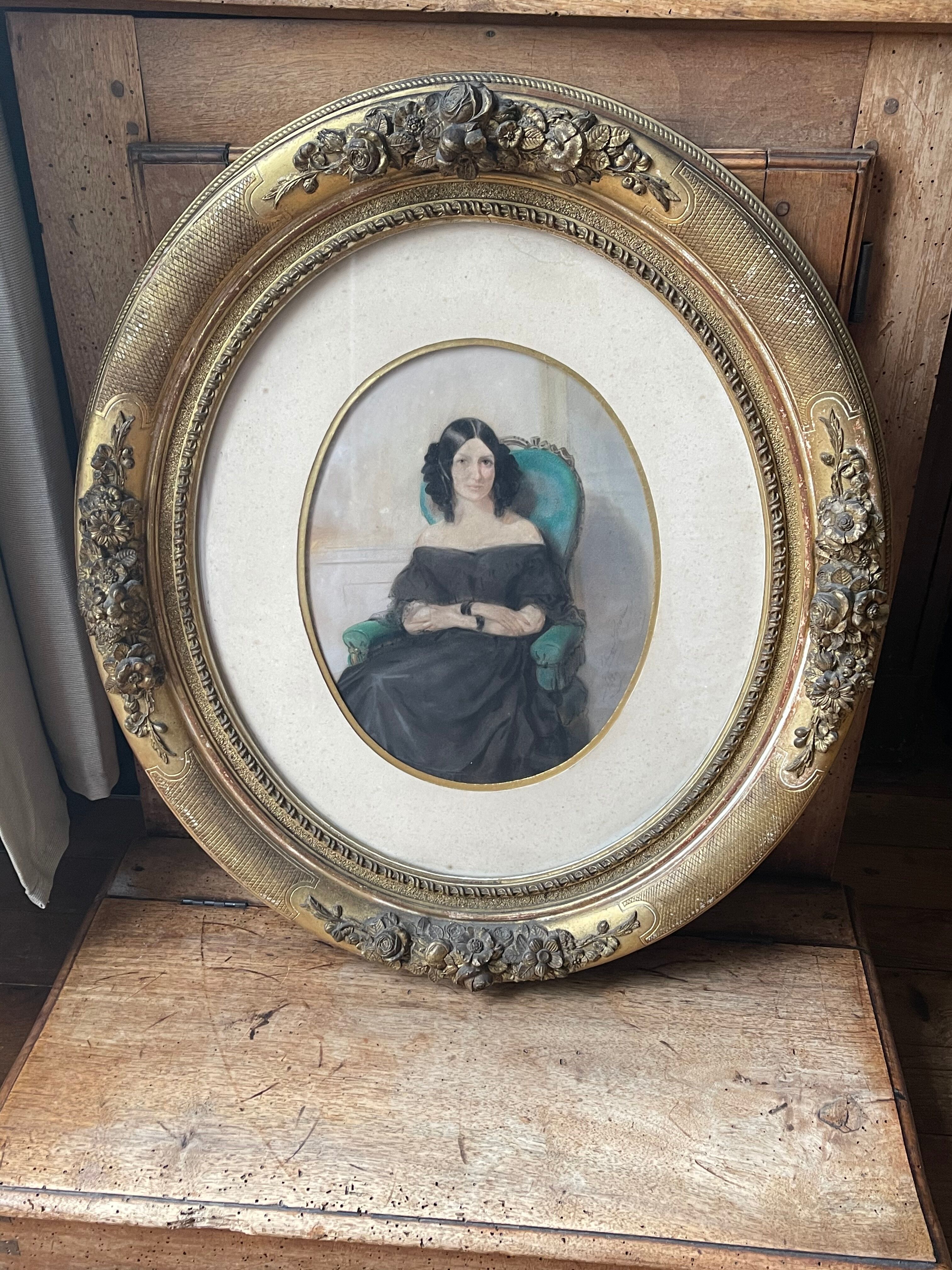 Pastel Young woman in blue chair