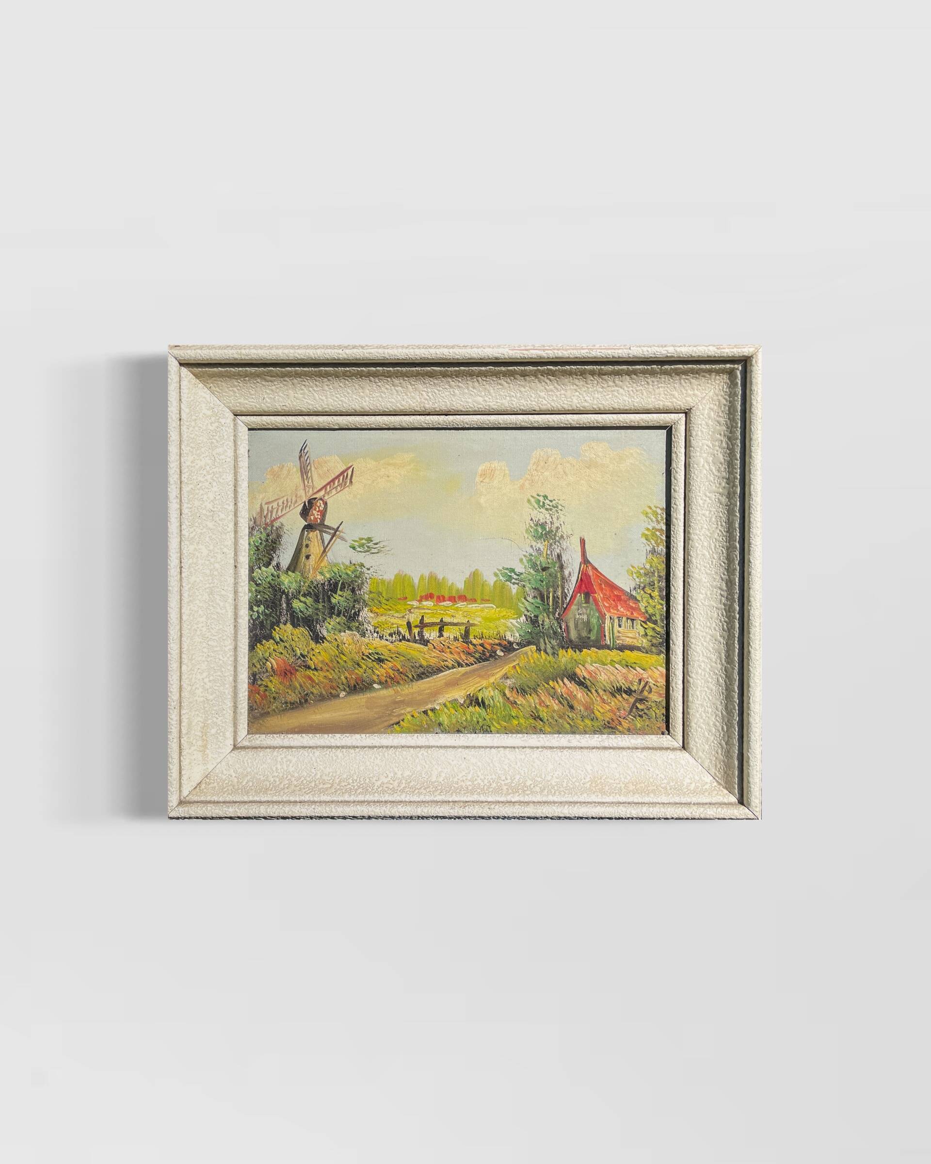 Old landscape painting – Framed oil on canvas – Mill and cam house
