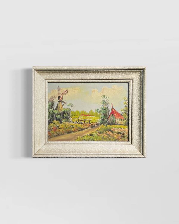 Tableau ancien paysage – Huile sur toile encadrée – Moulin et maison de cam