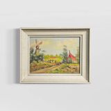 Old landscape painting – Framed oil on canvas – Mill and cam house
