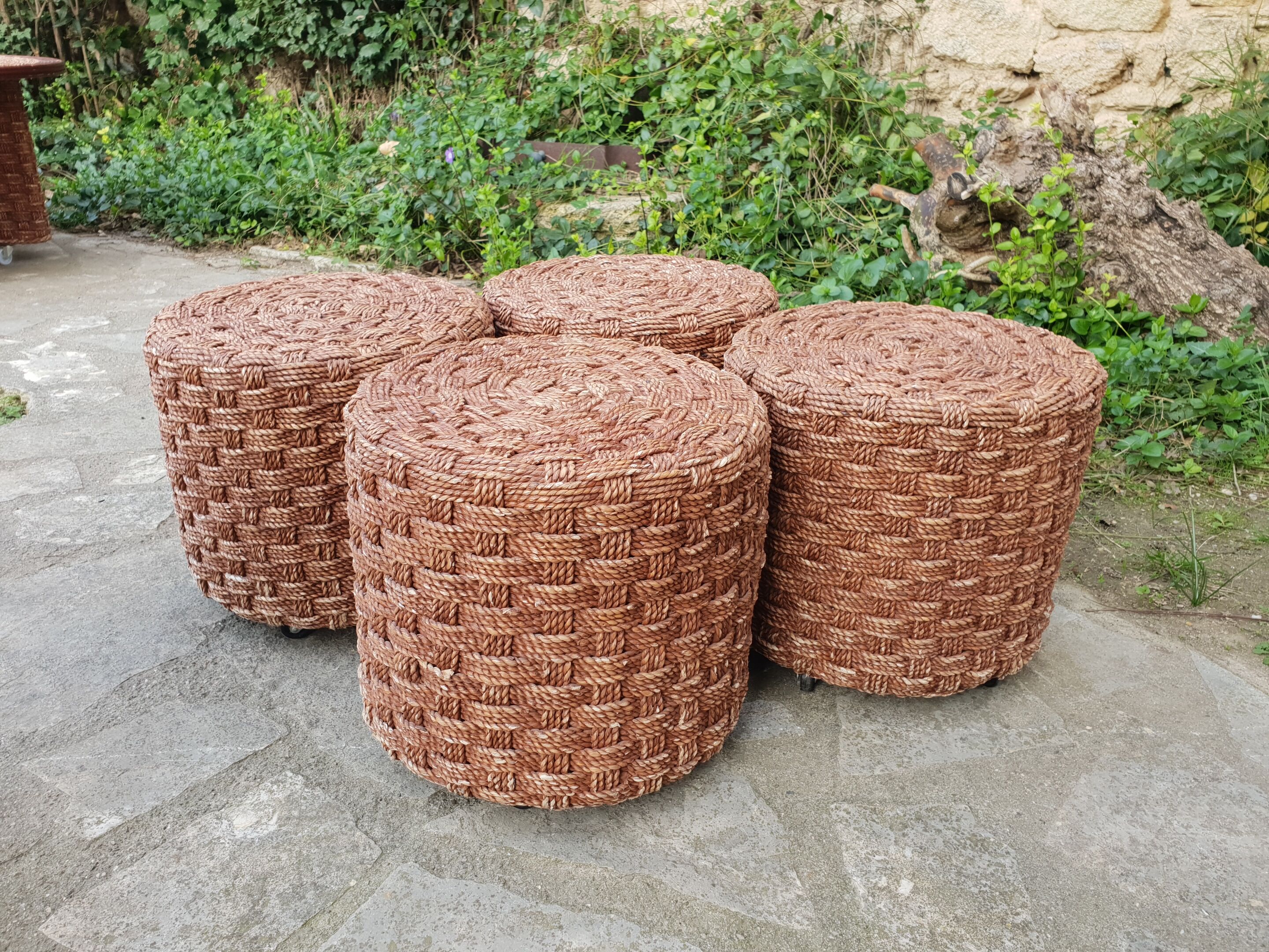 Vintage rope coffee table and stools