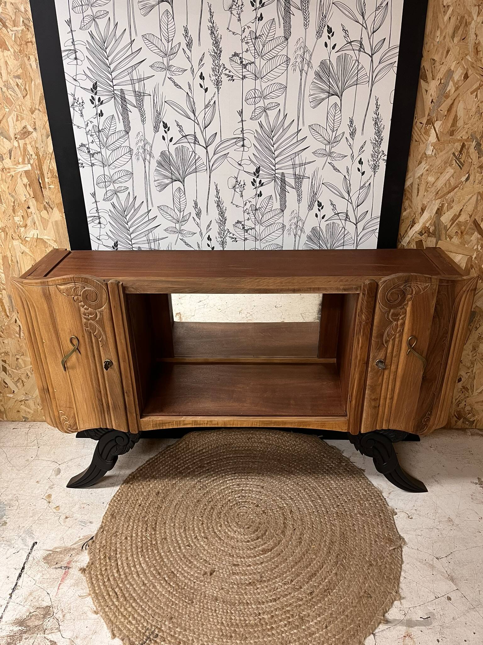 Vintage Art Deco buffet Isidore, solid wood, 2 doors and mirror.