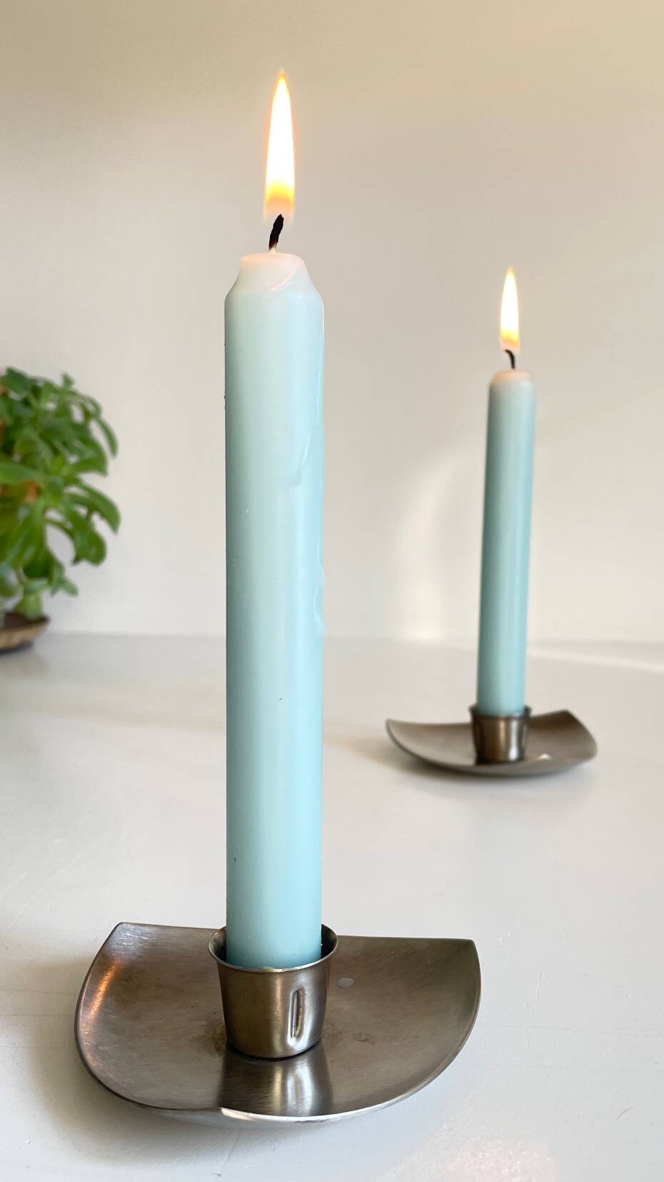 Vintage brushed metal geometric candle holders