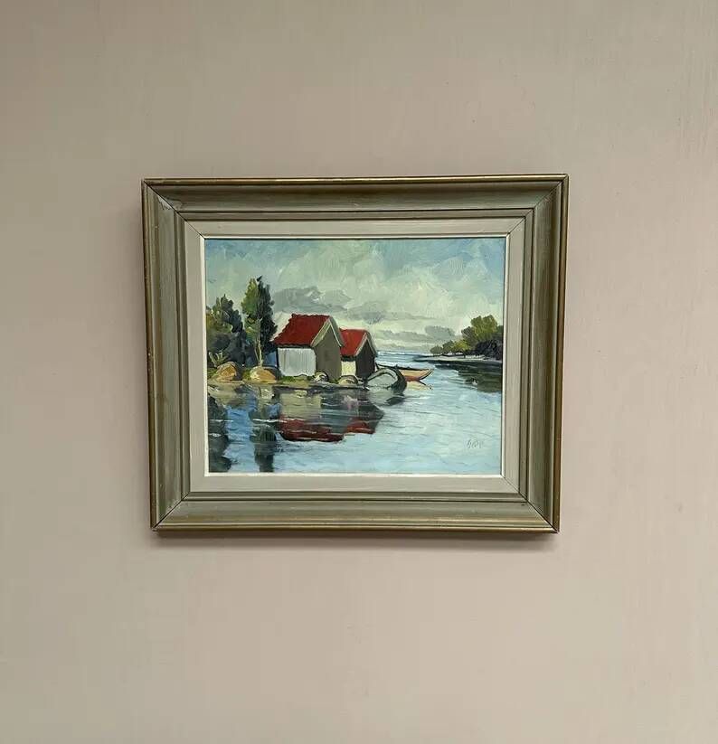 Original Swedish Oil on Canvas – "Houses and Trees", Unknown Artist – Signed, Vintage and Framed – 53.5 x 46 cm (21 x 18 inches)