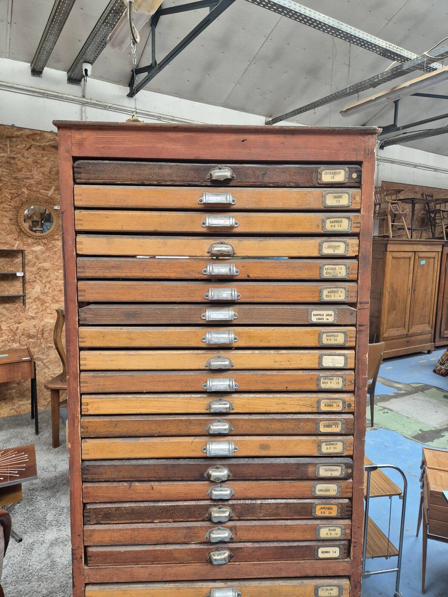 Wooden printing cabinet 36 drawers with typographic letters
