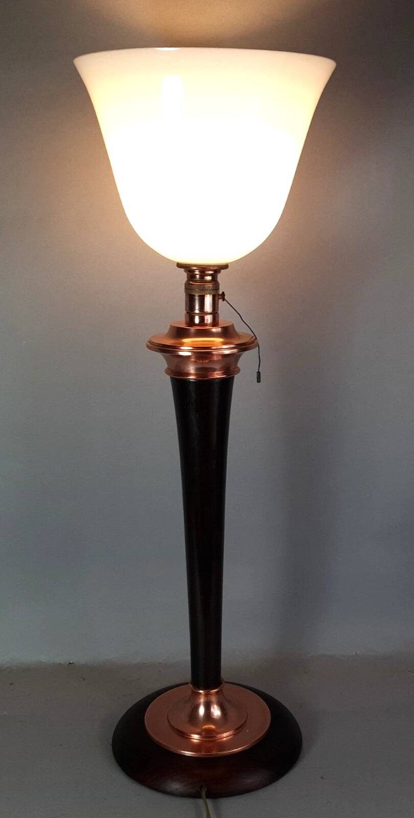 Antique large Mazda Art Deco lamp: opaline glass, wood & copper, 77 cm S802