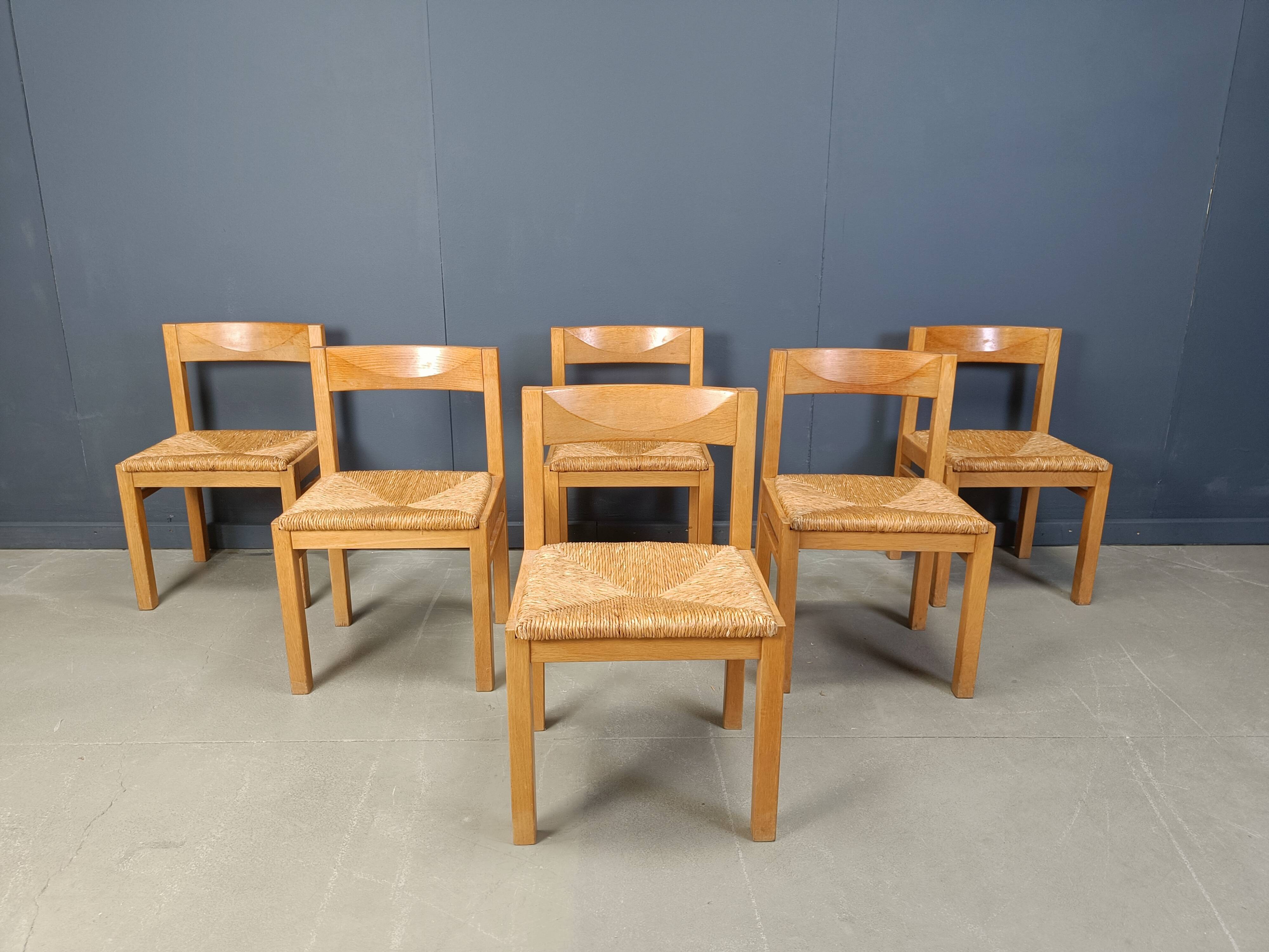 Vintage oak and wicker dining chairs, 1960s