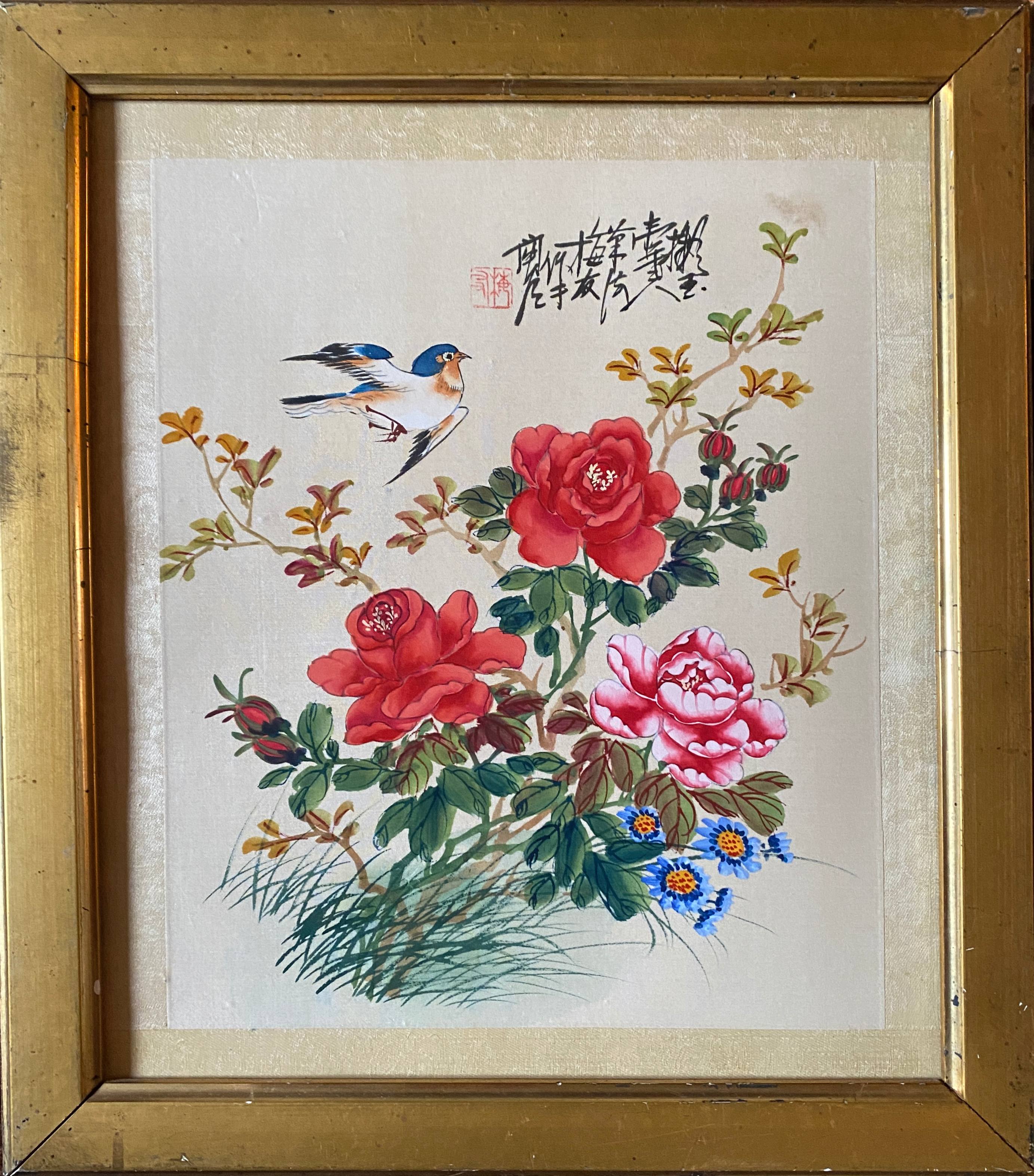 Paintings two watercolors on fabrics China flowers and birds frames XIX°