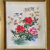 Tableau deux aquarelles sur tissus Chine fleurs et oiseaux cadres XIX°