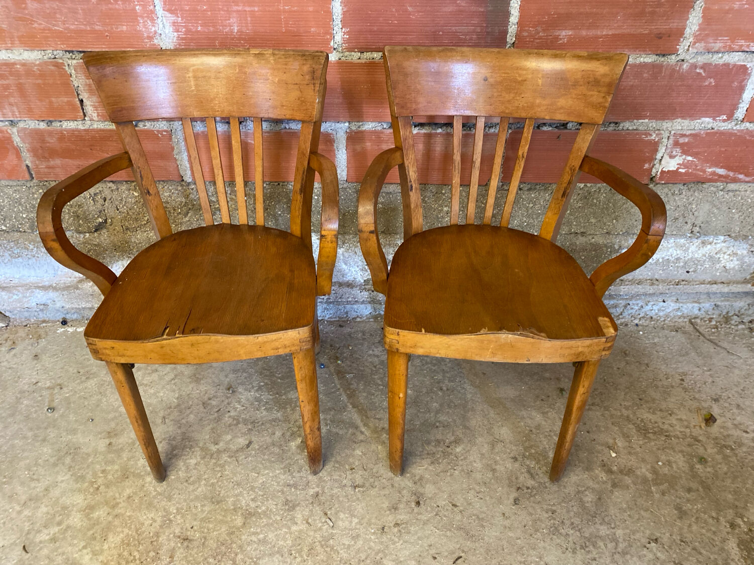 Pair of Antique FISHEL Vintage Wood Armchairs #C623