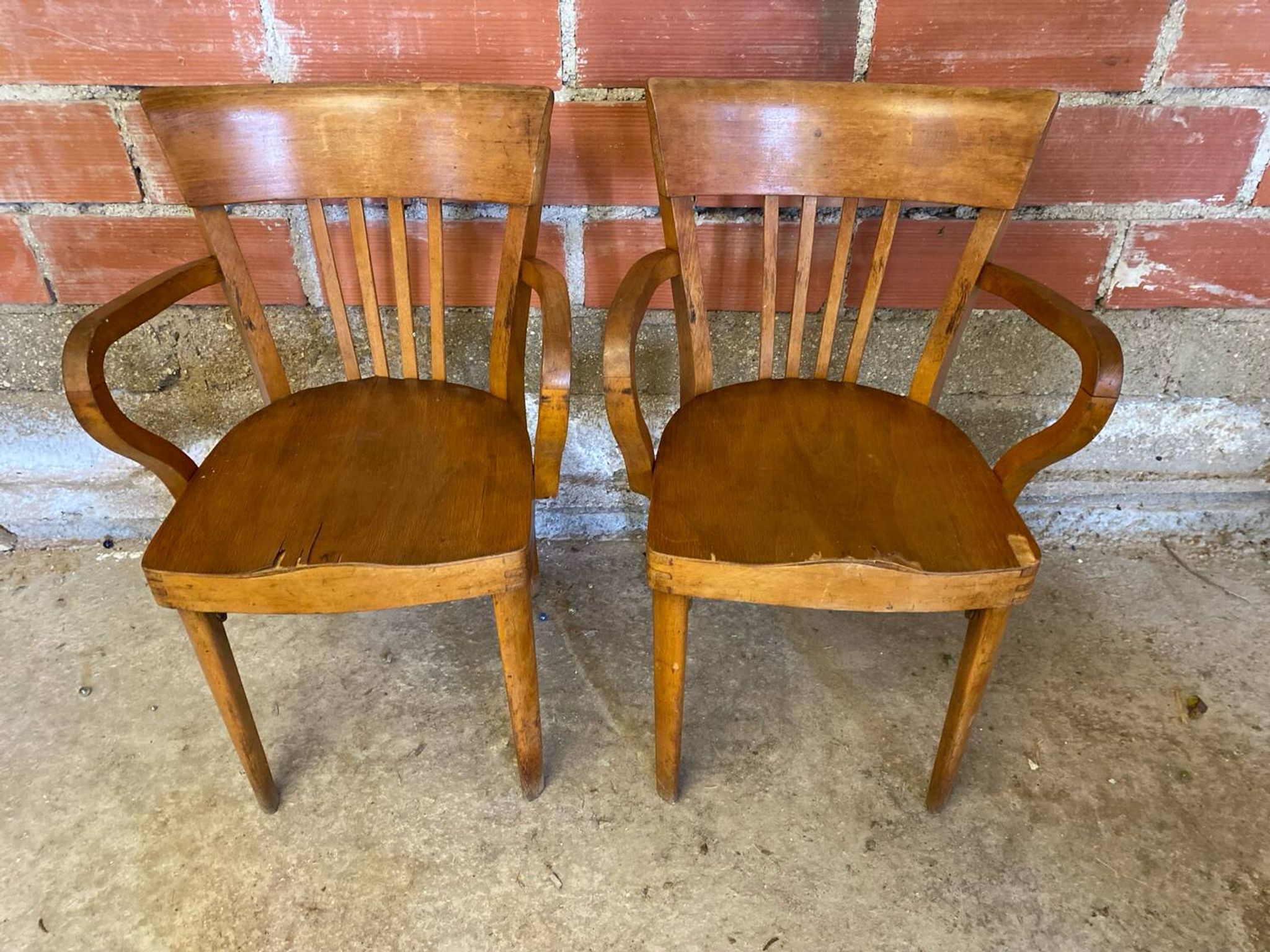 Pair of Antique FISHEL Vintage Wood Armchairs #C623