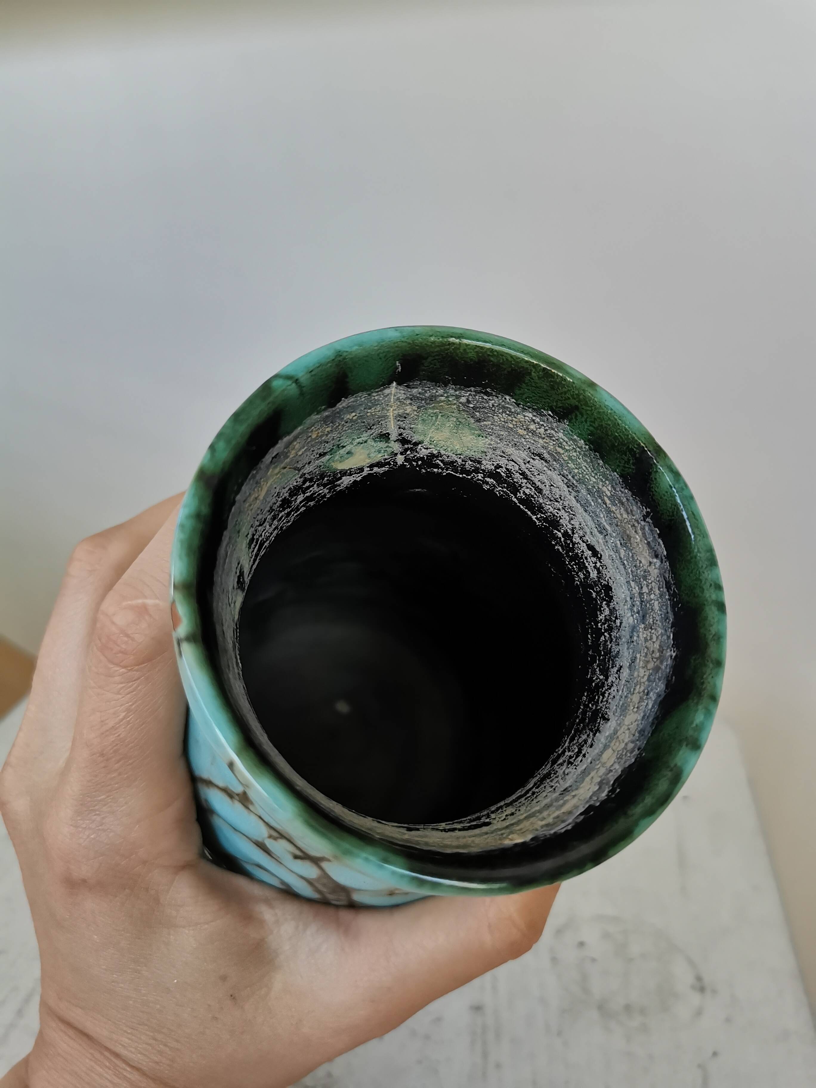 Vintage Turquoise Crackle Glaze Vase: Handmade Studio Pottery, Mid-Century