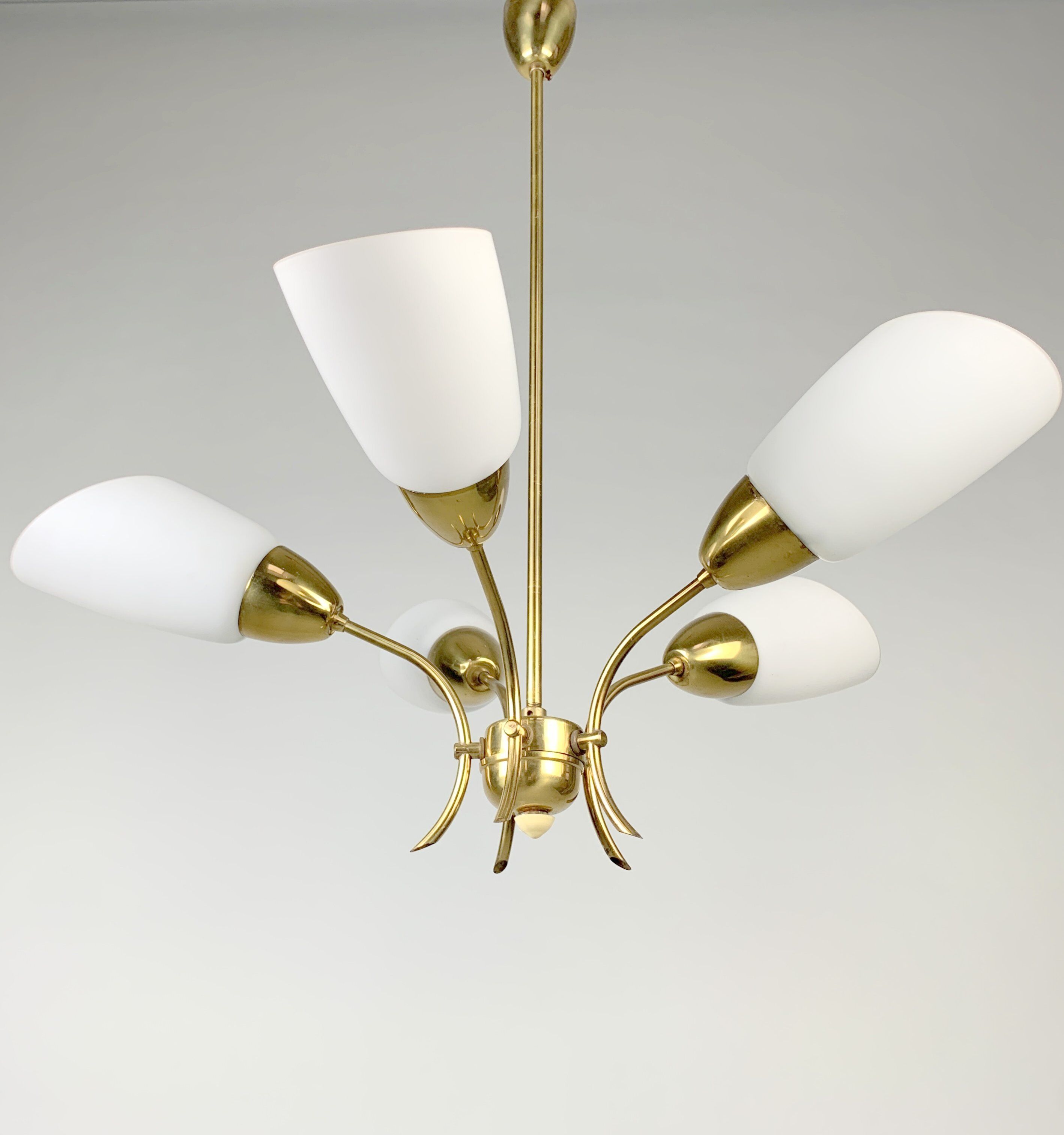 Brass and white glass chandelier, 1980